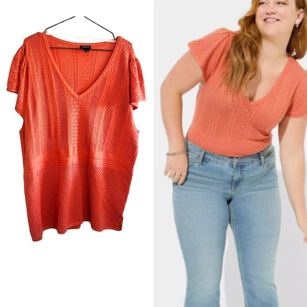 Torrid Apricot Everyday Soft Pullover Pointelle Knit Flutter Sleeve Sweater